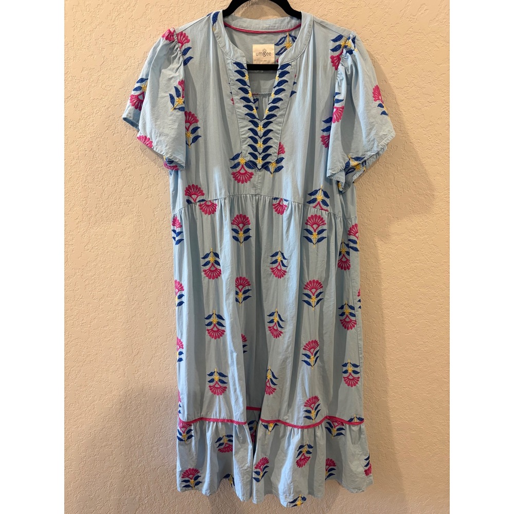 Umgee Blue Embroidered Floral Midi Dress Short Sleeve Boho Tiered Large K9499